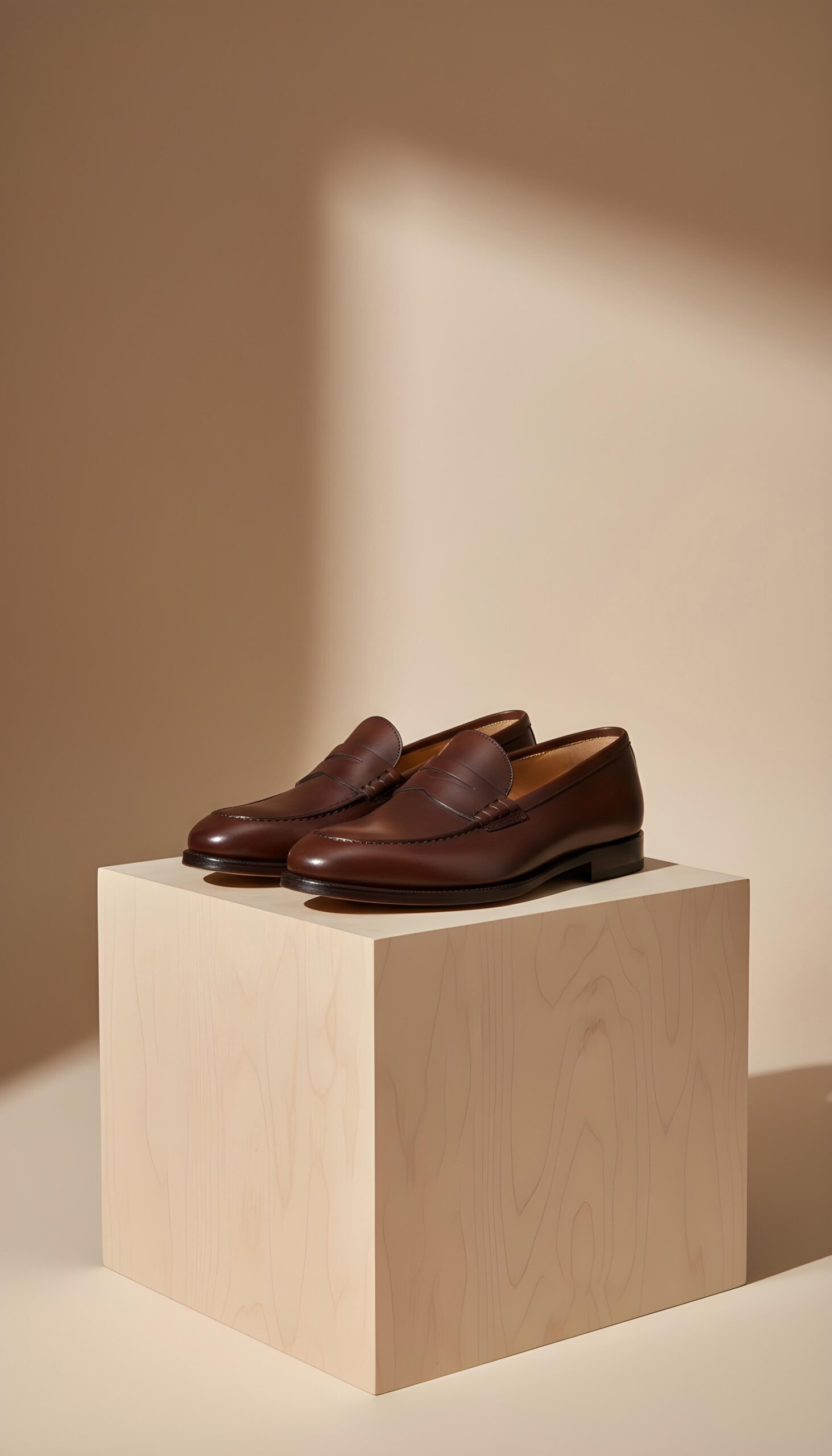 elegant leather penny loafers wooden cube